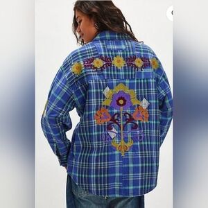 Free People Vibrant Blue Plaid We The Free Embroidered Sashiko Shirt sz L - XL